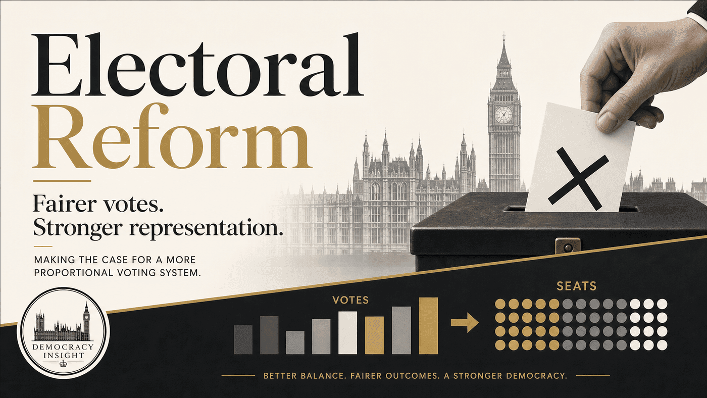 Electoral Reform campaign artwork showing a ballot box, Westminster and proportional votes to seats.