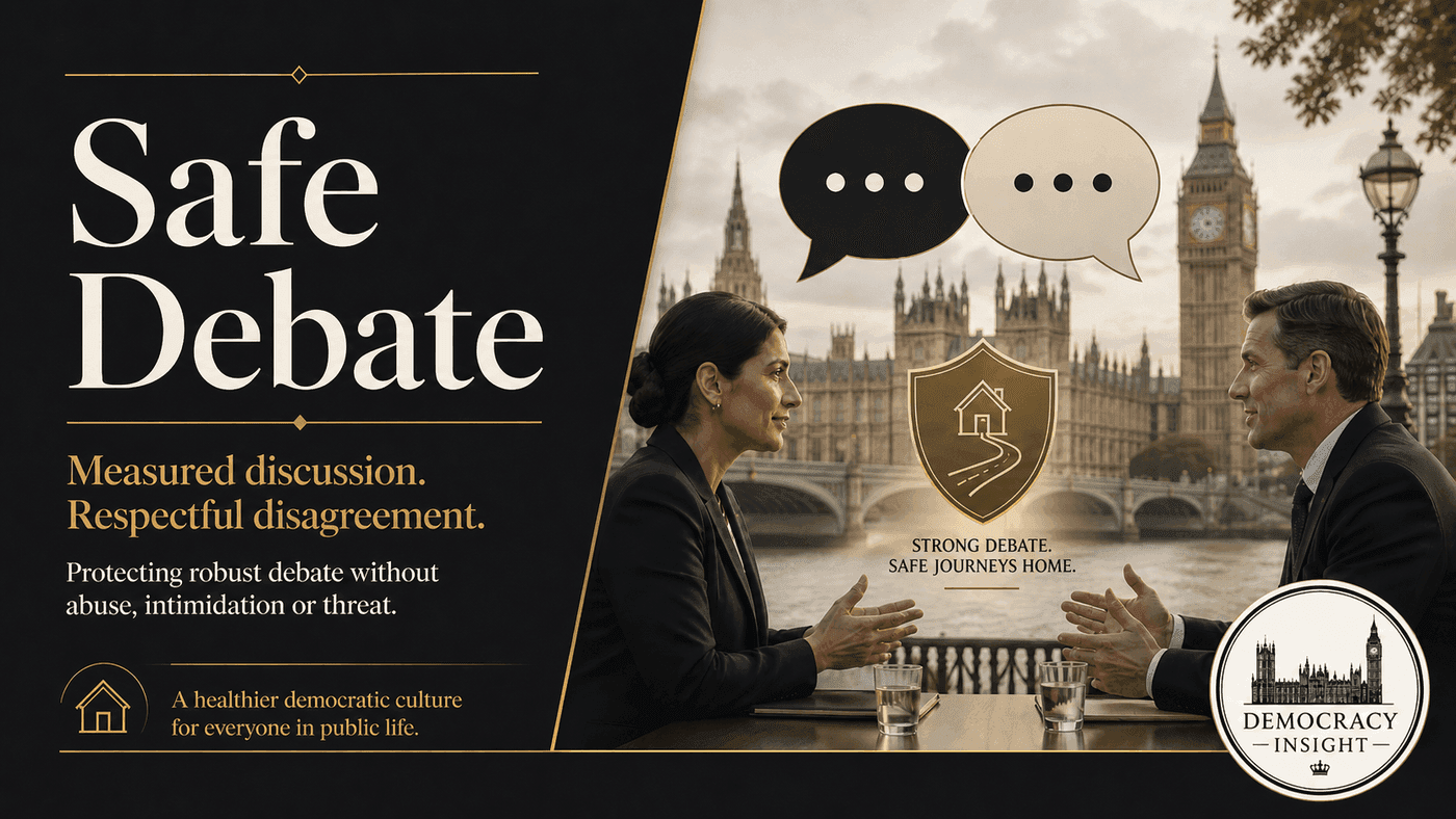 Safe Debate campaign artwork showing two people in discussion near Westminster.