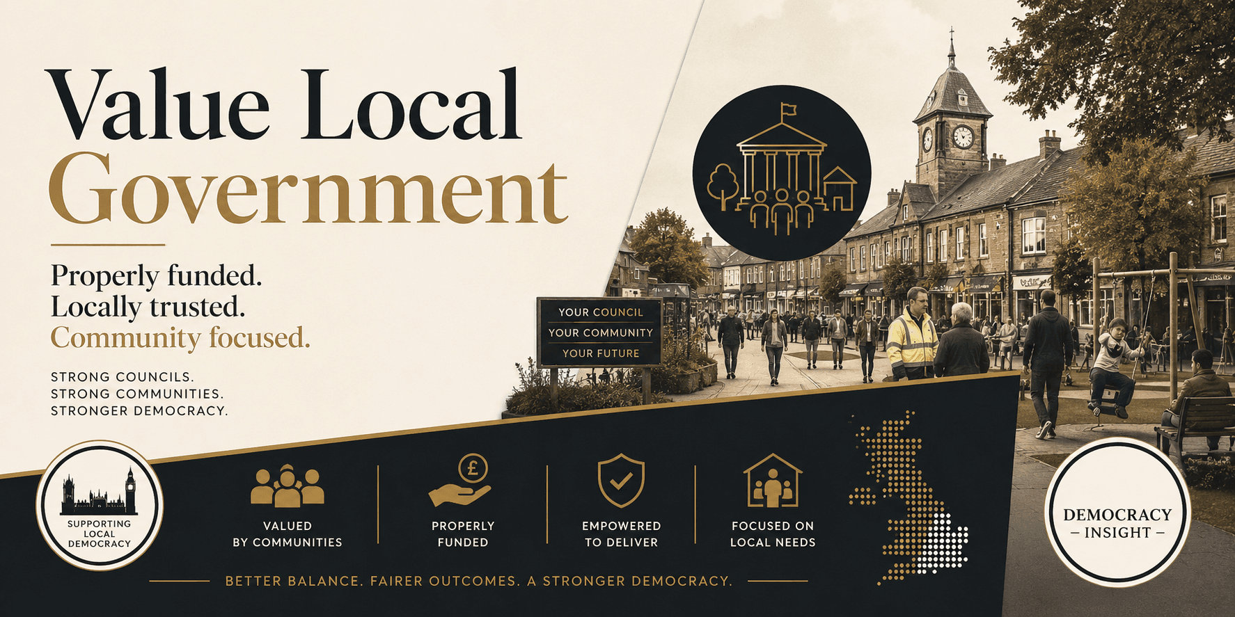 Value Local Government campaign artwork showing a local high street, council iconography and community-focused messaging.
